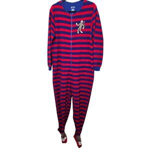 Nick & Nora Adult L Fleece Relaxing Red & Blue Striped Sock Monkey Footed Pajama